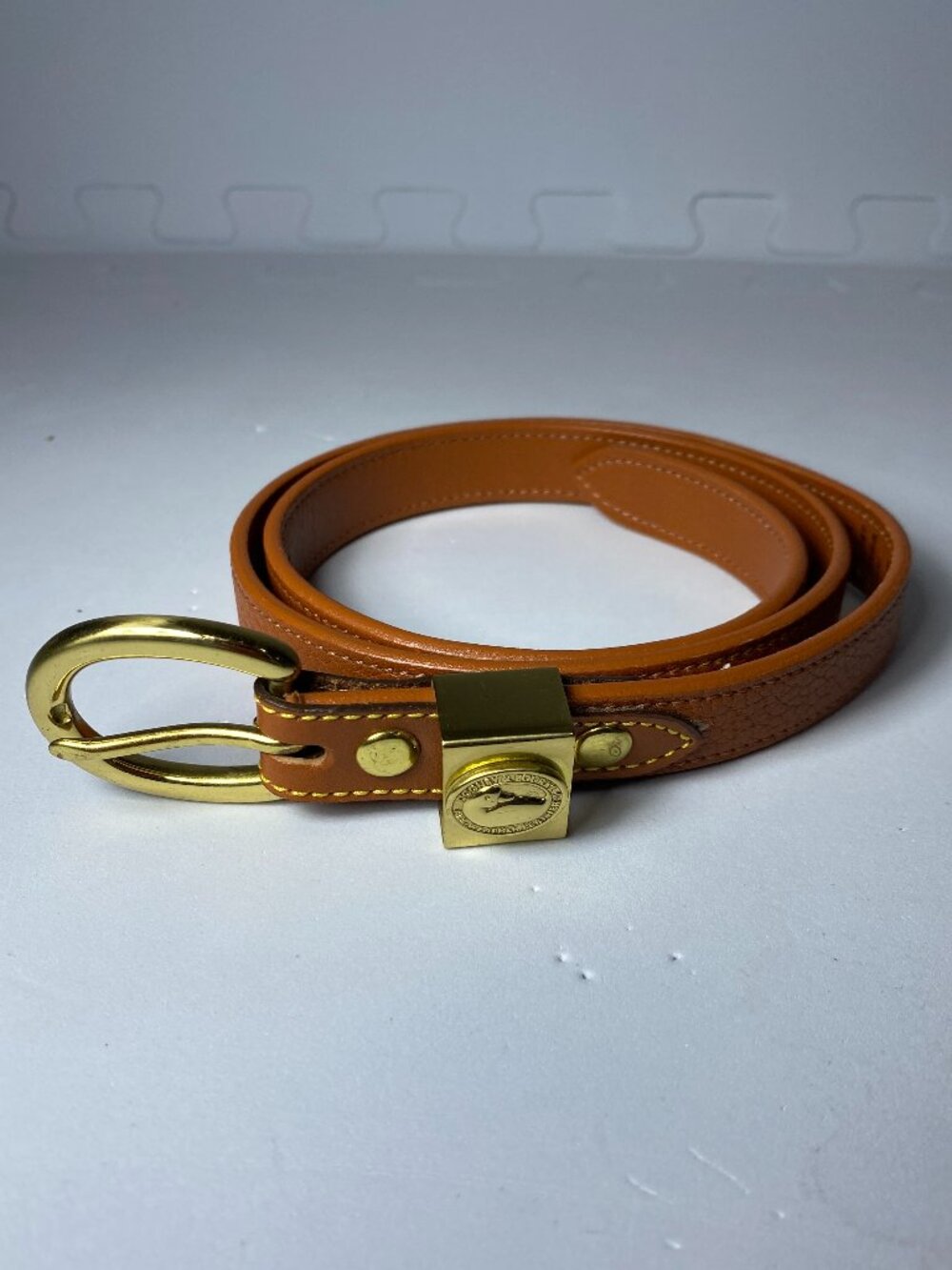 VTG DOONEY & BOURKE All Weather Leather USA Tan Belt Brass Duck S 26-28 NWOT